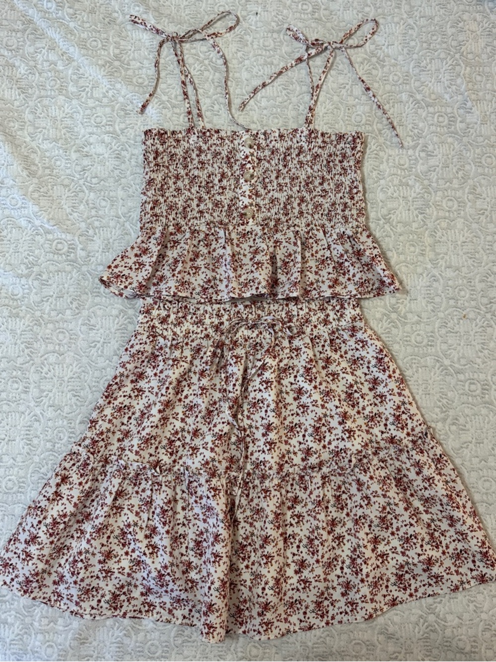 Paper Crane Cream Floral Tie-Shoulder Skirt Set with Burgundy Print